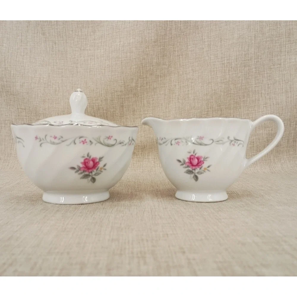 Royal Swirl Fine China of Japan Creamer and Sugar Bowl with Lid Set Pink Rose